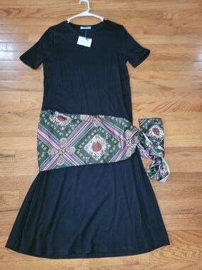 Zara Black Short Sleeve Midi Dress with Patterned Waist Sash